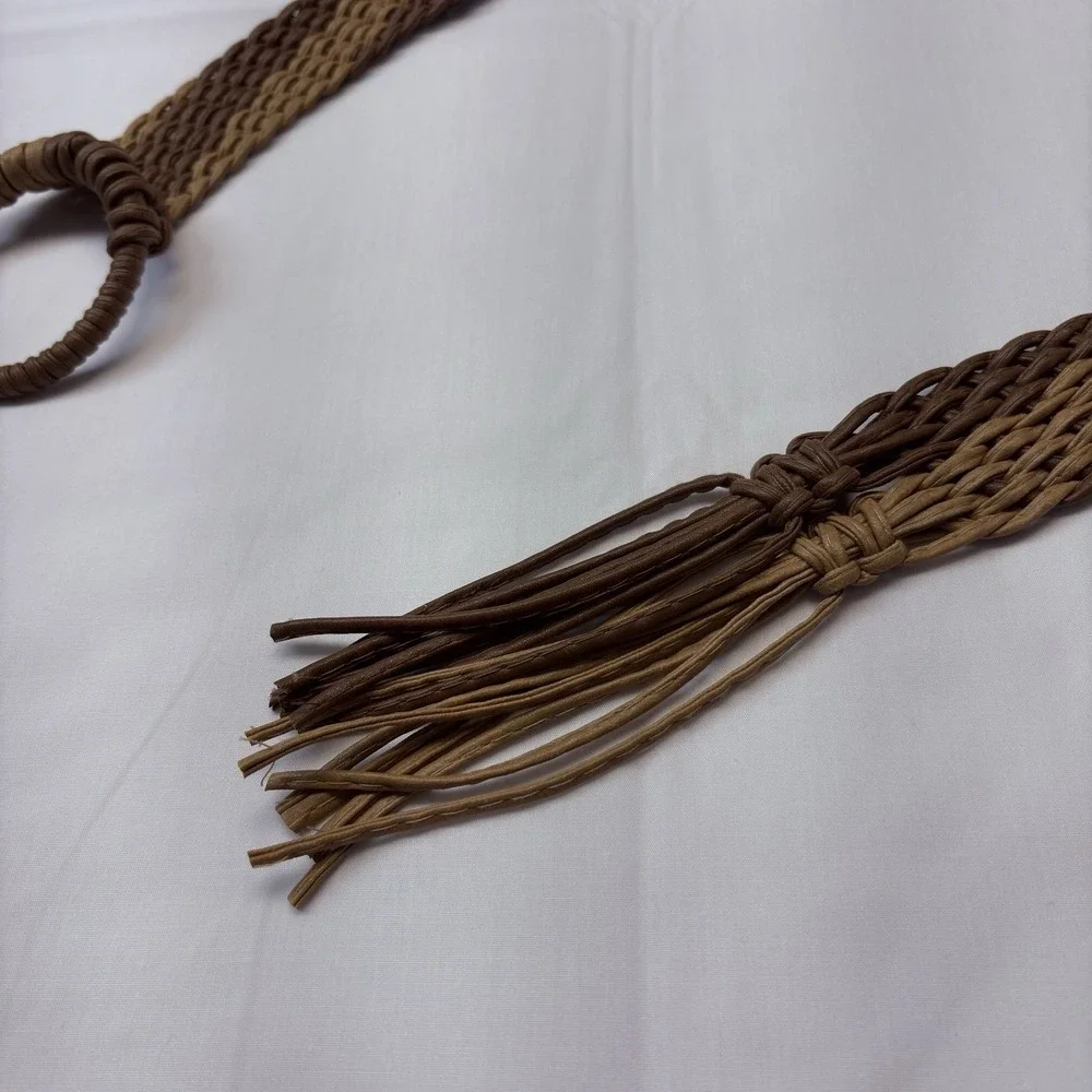 Brown & Tan Woven Belt Wide Boho Ring Buckle Tassel Fringe 36